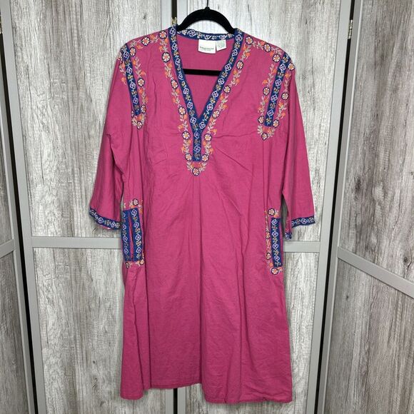 The Vermont Country Store Dress Kaftan Pink Embroidered Pockets Size L - Picture 1 of 7